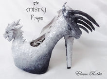 Load image into Gallery viewer, The Misty Dragon Heels Custom Hand Sculpt Paint Shoe Size 3 4 5 6 7 8  High Wedge Fantasy Mythical Bridal Wedding Alternative White Scales
