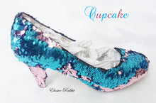 Lade das Bild in den Galerie-Viewer, Cupcake Blue Pink Scales Mermaid Reversible Sequin Fabric Heels Custom Personalized Shoe High Stiletto Size 3 4 5 6 7 8 Platform Party Pride
