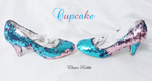 Załaduj obraz do przeglądarki galerii, Cupcake Blue Pink Scales Mermaid Reversible Sequin Fabric Heels Custom Personalized Shoe High Stiletto Size 3 4 5 6 7 8 Platform Party Pride
