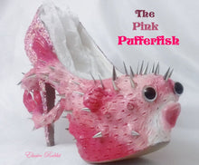 Load image into Gallery viewer, The Pink Pufferfish Heels Sea Spikes Custom Hand Sculpt Paint Shoe Size 3 4 5 6 7 8  High Wedge Fantasy Mythical Kraken octopus Alternative
