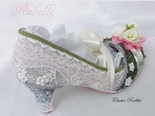 Load image into Gallery viewer, Rubelle 1920 Vintage Heels Foliage Floral Grass Flower Green Lace Fabric Custom Heel Ribbon Ivory Shoe Size 3 4 5 6 7 8 Wedding Bridal Pink
