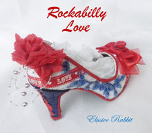 Load image into Gallery viewer, Rockabilly Love Heels Red Blue 1950&#39;s Flower Lace Fabric Custom Heel Ribbon Ivory Shoe Size 3 4 5 6 7 8 Wedding Bridal Love Gem Ribbon Navy
