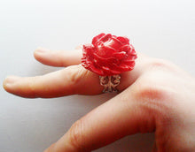 Load image into Gallery viewer, Imperatrice Rose Painting the Roses Red Ring Flower Bud Custom Hand Sculpt Alice in Wonderland Red Adjustable Womens Jewelry Queen of Hearts
