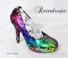 Carica l&#39;immagine nel visualizzatore di Gallery, Rainbow Raindrops Scales Wedding Bridal Heel Mermaid Reversible Sequin Fabric Heels Custom Personalized Shoe Size 3 4 5 6 7 8 Party Pride
