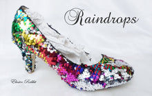 Załaduj obraz do przeglądarki galerii, Rainbow Raindrops Scales Wedding Bridal Heel Mermaid Reversible Sequin Fabric Heels Custom Personalized Shoe Size 3 4 5 6 7 8 Party Pride
