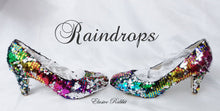 Load image into Gallery viewer, Rainbow Raindrops Scales Wedding Bridal Heel Mermaid Reversible Sequin Fabric Heels Custom Personalized Shoe Size 3 4 5 6 7 8 Party Pride
