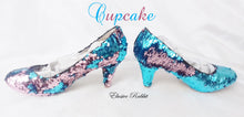 Load image into Gallery viewer, Cupcake Blue Pink Scales Mermaid Reversible Sequin Fabric Heels Custom Personalized Shoe High Stiletto Size 3 4 5 6 7 8 Platform Party Pride
