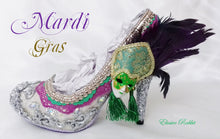 Load image into Gallery viewer, Mardi Gras Heels Carnival Venetian Baroque Custom Hand Sculpt Kraken Shoe Size 3 4 5 6 7 8 Glitter Silver Gold Green Purple Lace Feather
