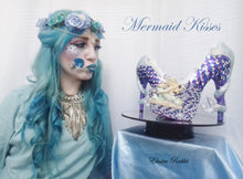 Load image into Gallery viewer, Mermaid Heels Custom Hand Sculpt Paint Purple Blue White Shoe Size 3 4 5 6 7 8  High Platform Pearls Shell Sea Sequins Starfish Plant Clam
