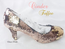 Load image into Gallery viewer, Cinder Toffee Rose Gold Wedding Bridal Scales Mermaid Reversible Sequin Heels Custom Personalized Shoe High Stiletto Size 3 4 5 6 7 8 Party
