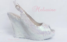Load image into Gallery viewer, Melusine White Pink Siren Scales Mermaid Reversible Sequin Fabric Heels Custom Personalized Shoe High Size 3 4 5 6 7 8  Party Christmas
