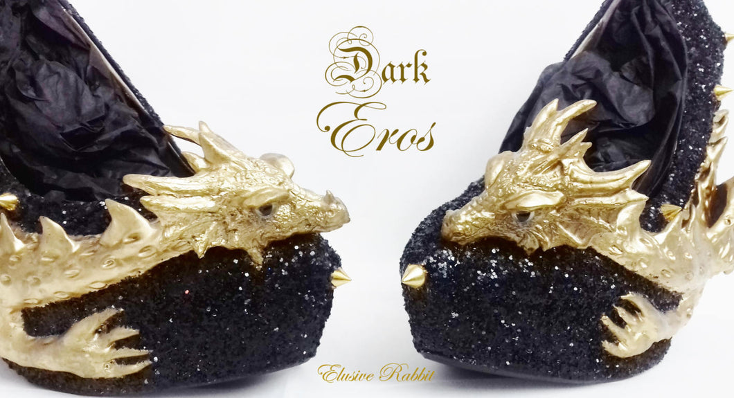 Dark Eros Dragon Heels Gold Heart Spikes Custom Sculpt Shoe Kraken heel Size 3 4 5 6 7 8 Wedge Fantasy Mythical Bridal Wedding Alternative