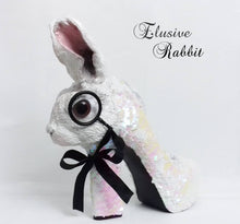 Load image into Gallery viewer, Elusive Rabbit Heels White Pink Mad hatter Sequin Reversible Custom Hand Sculpt Kraken Shoe Size 3 4 5 6 7 8  Mythical Bridal Wedding bunny
