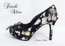 Cargar imagen en el visor de la galería, Dark Alice Gothic Vintage John Tenniel&#39;s Classic 1865 Alice In Wonderland Lace Black Custom Heel Shoe Flat Size 3 4 5 6 7 8 Wedding Bridal
