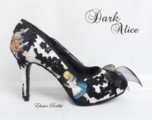 Załaduj obraz do przeglądarki galerii, Dark Alice Gothic Vintage John Tenniel&#39;s Classic 1865 Alice In Wonderland Lace Black Custom Heel Shoe Flat Size 3 4 5 6 7 8 Wedding Bridal
