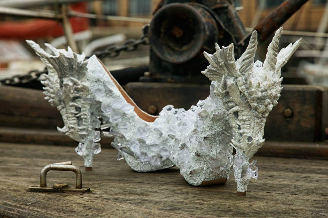 Dragon Typhon Heels White crystal Quartz Diamond Custom Hand Sculpt Kraken Shoe Size 3 4 5 6 7 8 Glitter Fantasy Mythical Bridal Wedding