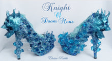 Load image into Gallery viewer, Knight of Doom Mons Heels Blue crystal Quartz Diamond Custom Hand Sculpt Kraken Shoe Size 3 4 5 6 7 8 Glitter Fantasy Bridal Wedding
