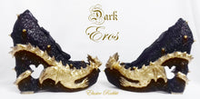 Load image into Gallery viewer, Dark Eros Dragon Heels Gold Heart Spikes Custom Sculpt Shoe Kraken heel Size 3 4 5 6 7 8 Wedge Fantasy Mythical Bridal Wedding Alternative

