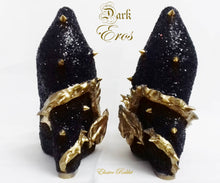 Load image into Gallery viewer, Dark Eros Dragon Heels Gold Heart Spikes Custom Sculpt Shoe Kraken heel Size 3 4 5 6 7 8 Wedge Fantasy Mythical Bridal Wedding Alternative
