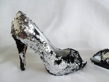 Cargar imagen en el visor de la galería, Silver Siren Scales Mermaid Reversible Sequin Fabric Heels Custom Womens Shoe High Stiletto Size 3 4 5 6 7 8 Platform Party Christmas
