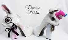 Load image into Gallery viewer, Elusive Rabbit Heels White Pink Mad hatter Sequin Reversible Custom Hand Sculpt Kraken Shoe Size 3 4 5 6 7 8  Mythical Bridal Wedding bunny
