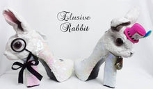 Cargar imagen en el visor de la galería, Elusive Rabbit Heels White Pink Mad hatter Sequin Reversible Custom Hand Sculpt Kraken Shoe Size 3 4 5 6 7 8  Mythical Bridal Wedding bunny
