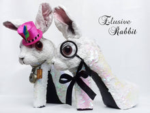 Load image into Gallery viewer, Elusive Rabbit Heels White Pink Mad hatter Sequin Reversible Custom Hand Sculpt Kraken Shoe Size 3 4 5 6 7 8  Mythical Bridal Wedding bunny

