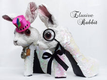 Carica l&#39;immagine nel visualizzatore di Gallery, Elusive Rabbit Heels White Pink Mad hatter Sequin Reversible Custom Hand Sculpt Kraken Shoe Size 3 4 5 6 7 8  Mythical Bridal Wedding bunny
