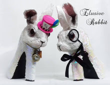 Load image into Gallery viewer, Elusive Rabbit Heels White Pink Mad hatter Sequin Reversible Custom Hand Sculpt Kraken Shoe Size 3 4 5 6 7 8  Mythical Bridal Wedding bunny
