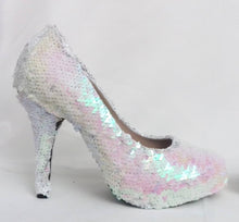 Carica l&#39;immagine nel visualizzatore di Gallery, Melusine White Pink Siren Scales Mermaid Reversible Sequin Fabric Heels Custom Personalized Shoe High Size 3 4 5 6 7 8  Party Christmas

