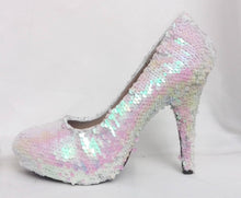 Load image into Gallery viewer, Melusine White Pink Siren Scales Mermaid Reversible Sequin Fabric Heels Custom Personalized Shoe High Size 3 4 5 6 7 8  Party Christmas
