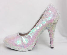 Załaduj obraz do przeglądarki galerii, Melusine White Pink Siren Scales Mermaid Reversible Sequin Fabric Heels Custom Personalized Shoe High Size 3 4 5 6 7 8  Party Christmas
