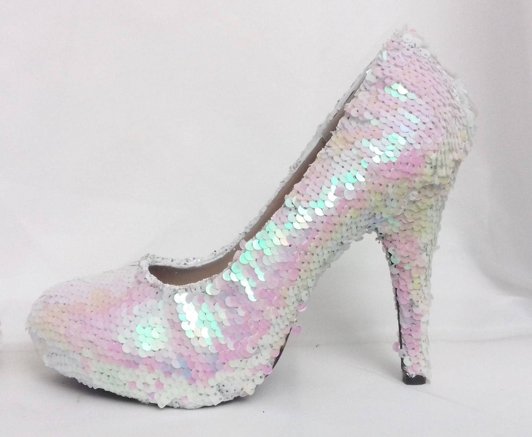 Melusine White Pink Siren Scales Mermaid Reversible Sequin Fabric Heels Custom Personalized Shoe High Size 3 4 5 6 7 8  Party Christmas