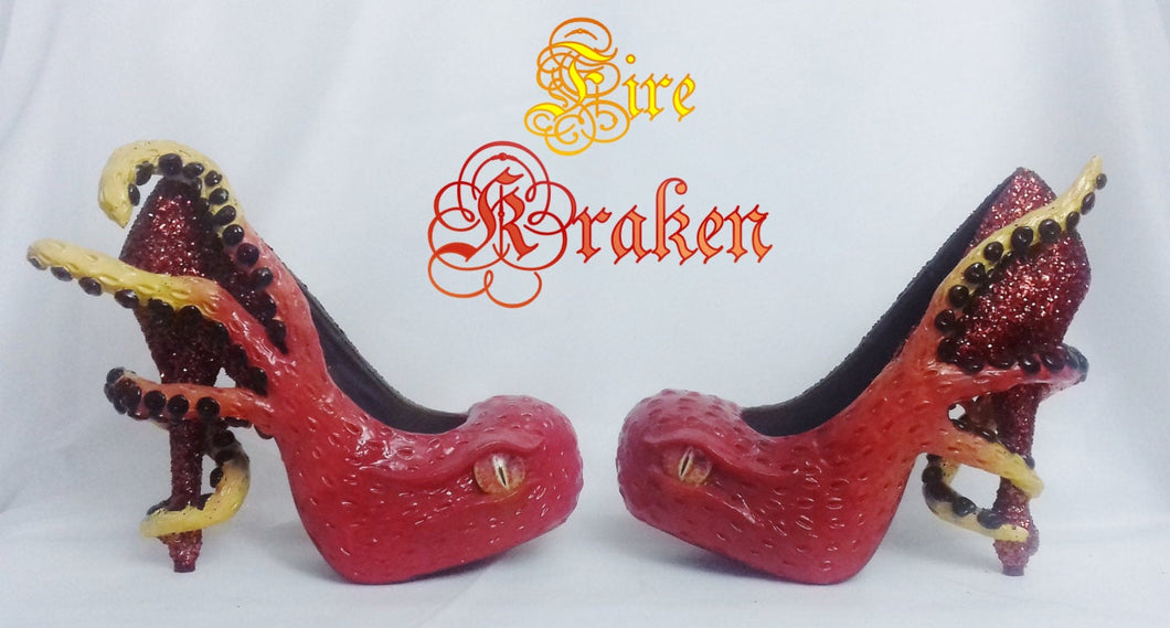 Fire Kraken Heels Custom Hand Sculpt Paint Shoe Size 3 4 5 6 7 8  High Wedge Sea Abyss Creature Monster Mythical Octopus Squid
