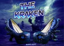Cargar imagen en el visor de la galería, The Kraken Heels Custom Hand Sculpt Paint Black Blue Shoe Size 3 4 5 6 7 8  High Wedge Sea Abyss Creature Monster Mythical Octopus Squid
