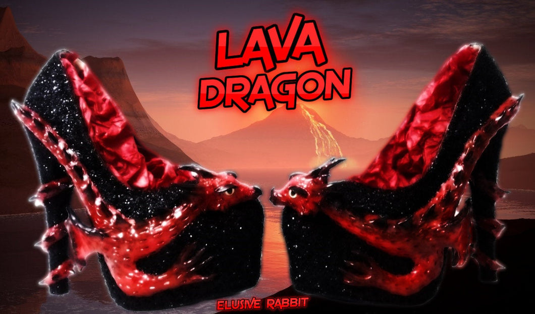Lava Dragon Heels Scales Custom Hand Sculpt Paint Red Black Shoe Size 3 4 5 6 7 8  High Platform Monster Kraken octopus Wings Winged elusive