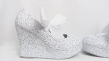 Load image into Gallery viewer, Oodles Decadence Bridal White Silver Glitter Ribbon Mary Jane Strap Wedding Custom Personalized Women Peep Toe Shoe Heel Size 3 4 5 6 7 8
