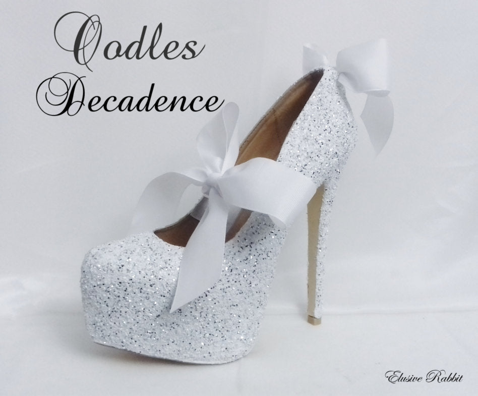 Oodles Decadence Bridal White Silver Glitter Ribbon Mary Jane Strap Wedding Custom Personalized Women Peep Toe Shoe Heel Size 3 4 5 6 7 8