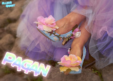Load image into Gallery viewer, Pagan Heels wood chip Wedding Bridal Custom Hand Fasting Crystal Lace Sculpt Paint Shoe Size 3 4 5 6 7 8 High Wedge Blue pink ivory branche
