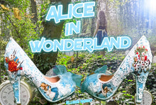 Cargar imagen en el visor de la galería, John Tenniel&#39;s Classic 1865 Alice In Wonderland Lace Fabric Custom Heel Ribbon Blue Shoe Flat Size 3 4 5 6 7 8 Wedding Bridal Heel UK Women
