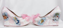 Load image into Gallery viewer, John Tenniel&#39;s Classic 1865 Alice In Wonderland Lace Fabric Custom Heel Ribbon Pink Blue Shoe Flat Size 3 4 5 6 7 8 Wedding Bridal Heel UK
