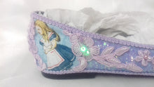Załaduj obraz do przeglądarki galerii, John Tenniel Classic 1865 Alice In Wonderland Sequin Glitter Lace Fabric Custom Dolly Ribbon Purple Shoe Flat Size 3 4 5 6 7 8 Weddin Bridal
