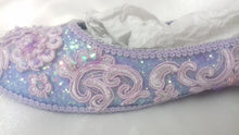 Load image into Gallery viewer, John Tenniel Classic 1865 Alice In Wonderland Sequin Glitter Lace Fabric Custom Dolly Ribbon Purple Shoe Flat Size 3 4 5 6 7 8 Weddin Bridal

