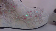 Załaduj obraz do przeglądarki galerii, Lace Supreme Bridal White Iridescent Chunky Glitter Wedding Custom Personalized Women Peep Toe Shoe Heel Size 3 4 5 6 7 8 Holographic
