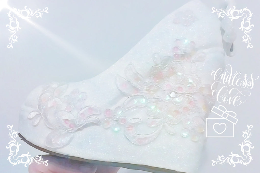 Lace Supreme Bridal White Iridescent Chunky Glitter Wedding Custom Personalized Women Peep Toe Shoe Heel Size 3 4 5 6 7 8 Holographic