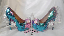 Cargar imagen en el visor de la galería, Cupcake Unicorn Heels Custom Shoes Spiked Prism Icicle Rainbow Scales Glitter Blue Pink Sequin Size 3 4 5 6 7 8  High Wedge Mermaid Flowers
