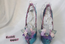 Załaduj obraz do przeglądarki galerii, Cupcake Unicorn Heels Custom Shoes Spiked Prism Icicle Rainbow Scales Glitter Blue Pink Sequin Size 3 4 5 6 7 8  High Wedge Mermaid Flowers
