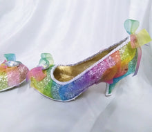 Load image into Gallery viewer, Rainbow Serenity Kitten heels Wedding Organza Fabric Custom Shoe Low Silver Glitter Prism Brooch Flat Size 3 4 5 6 7 8 Bridal Heel UK Women

