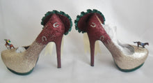 Load image into Gallery viewer, Womens Glitter Race Horse Shoe Model Miniature Figure Ribbon Rosette Handmade Custom Footwear Size 3 4 5 6 7 8 High Heels Platform Good Luck
