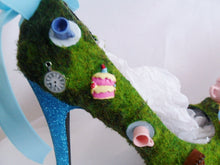 Cargar imagen en el visor de la galería, Alice In Wonderland Time For Tea Party Flower Custom Glitter Ribbon Blue Shoe Heel Size 3 4 5 6 7 8  High Heels Platform UK Mad Hatter Women
